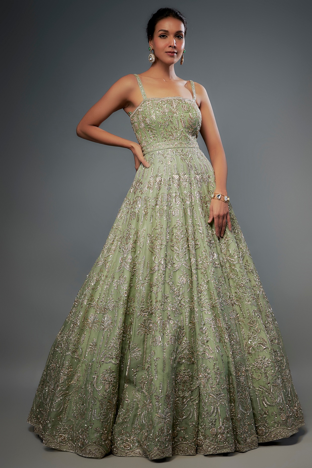 Buy Green Color Faux Georgette Fabric Sequins Gown Online